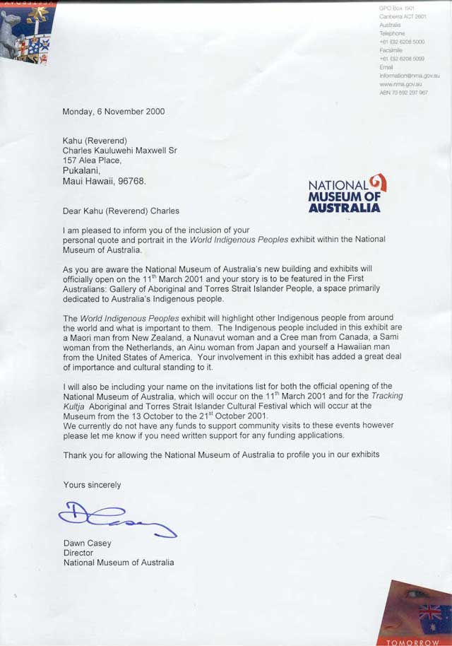 National Museum of Australia letter